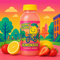 Bottle of Park Slope Strawberry Lemonade with a colorful background featuring trees, buildings, and a bridge.