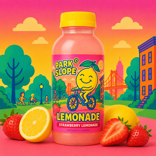 Bottle of Park Slope Strawberry Lemonade with a colorful background featuring trees, buildings, and a bridge.